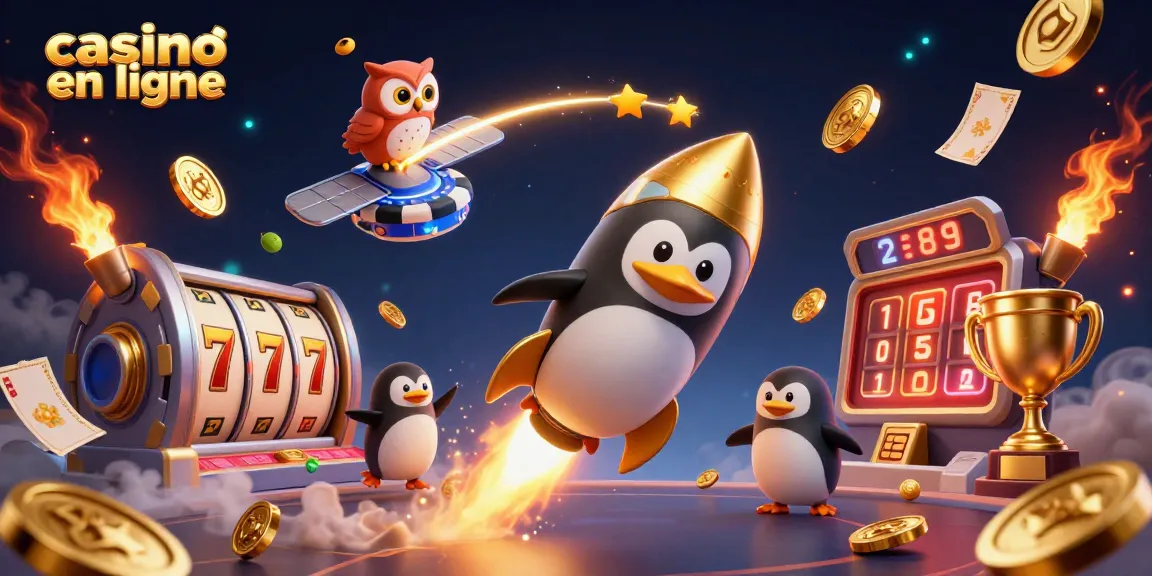 Profitez du casino en ligne avec un pingouin doré et des machines à sous riches en détails.