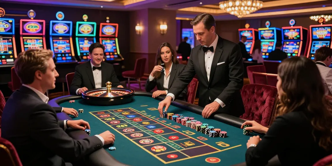 Expérience de casino en ligne avec joueurs autour de la roulette, ambiance luxueuse.