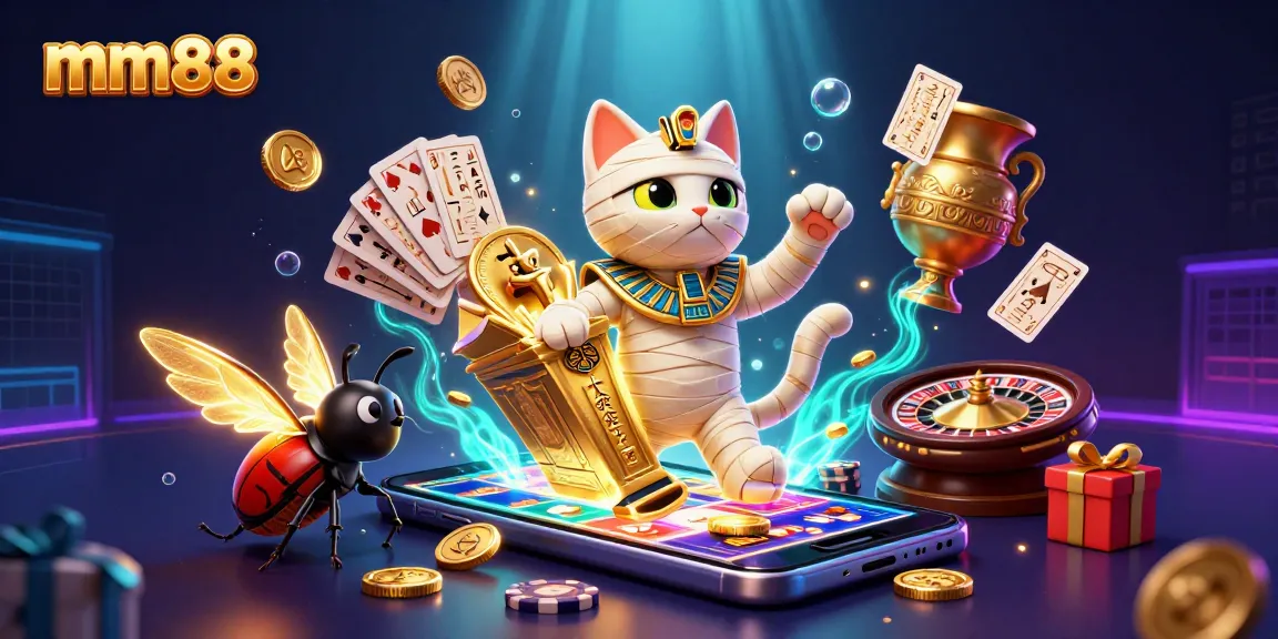 Experience thrilling mm88 gaming with a 3D Egyptian mummy cat and treasures in a casino.