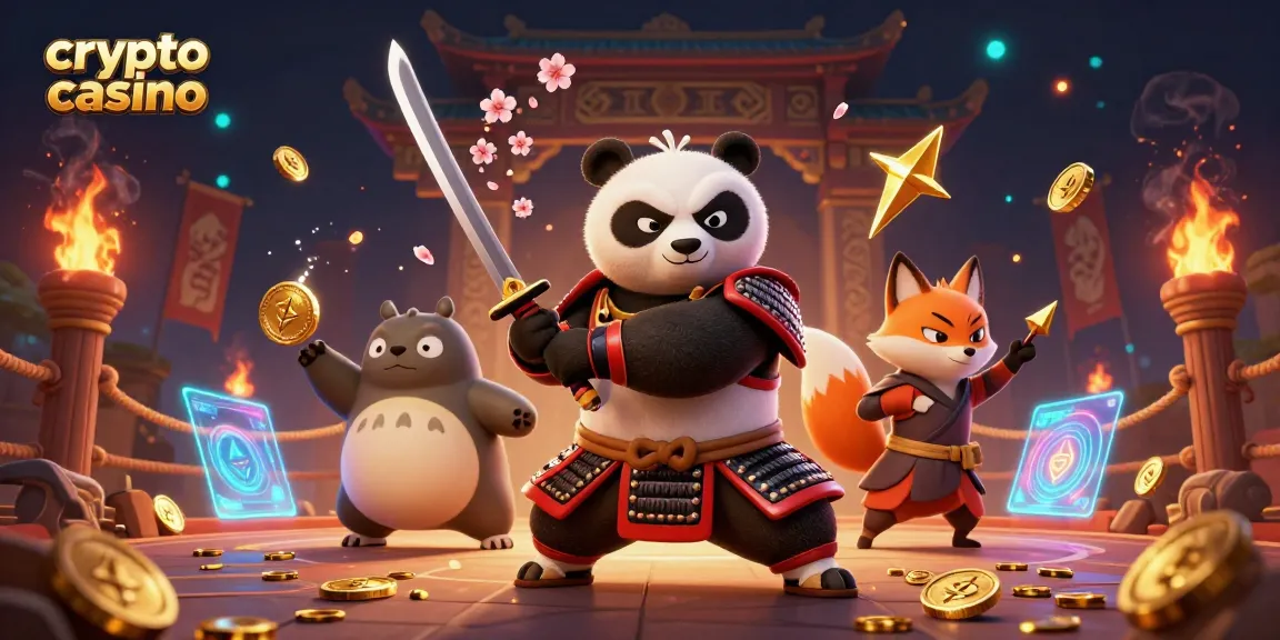 Jeux excitants dans un crypto casino avec un panda samouraï et un renard ninja.