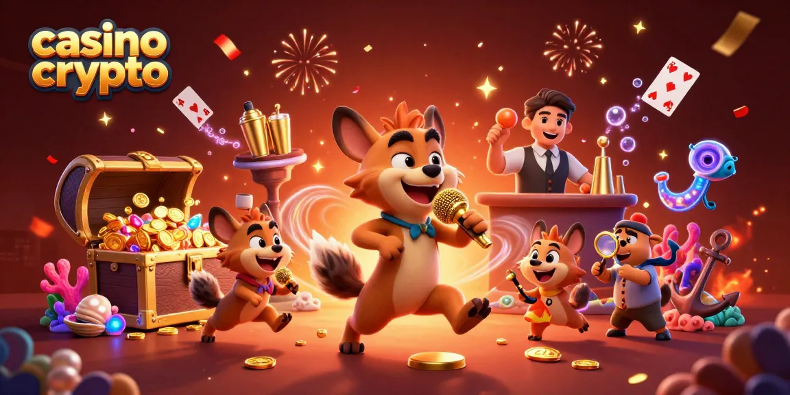 Animation divertissante dans un casino crypto avec des hyènes, jeux et trésors sous-marins