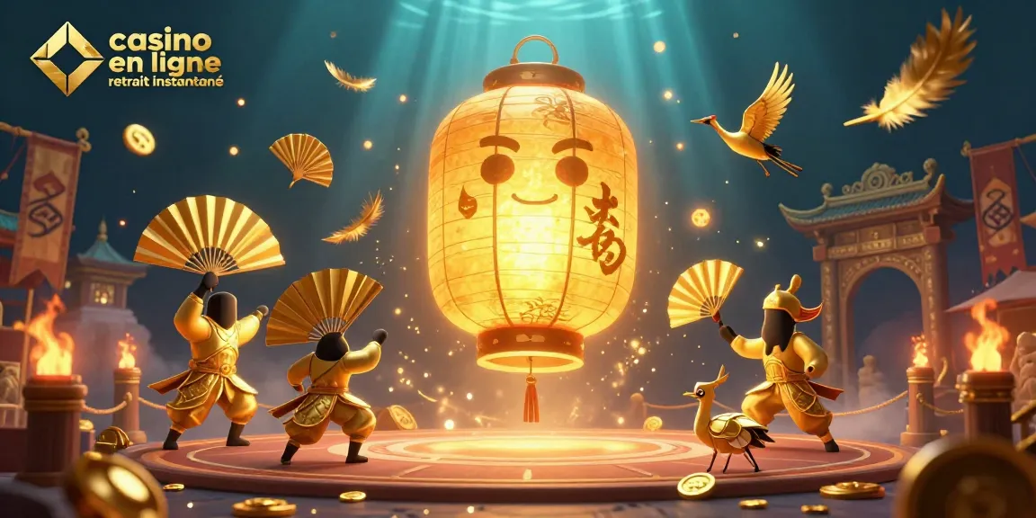 Visualisation captivante sur le thème du casino en ligne retrait instantané avec un esprit lantern, des guerriers et des symboles porte-bonheur.