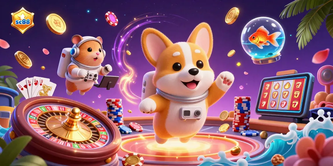 Spin and win at sc88's cosmic casino with an astronaut corgi and floating poker elements.