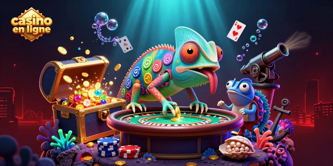 Une illustration animée d'un caméléon propriétaire de casino qui attrape des pièces d'or, illustrant le jeu en ligne.