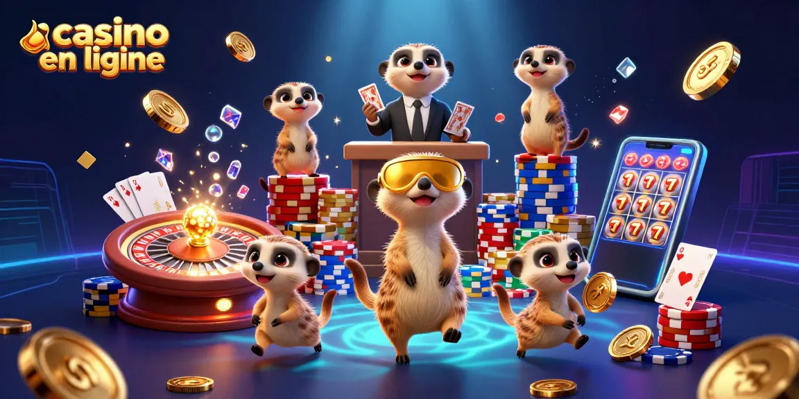 Casino en ligne captivant avec des suricates gérant des jeux de cartes et des jetons lumineux.