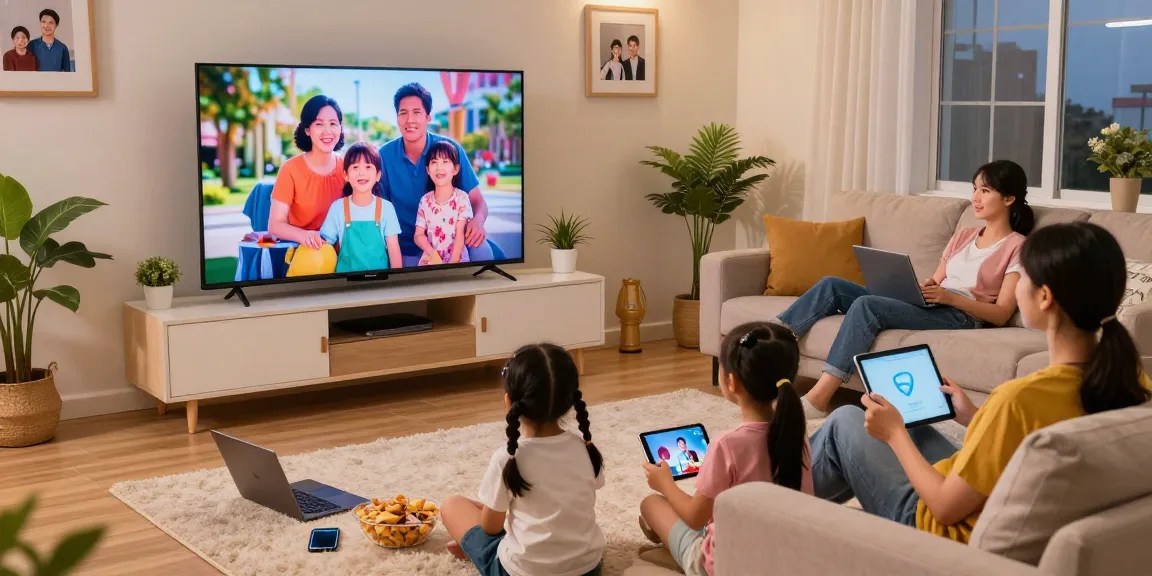 Famille profitant d'Atlas pro ontv en streaming IPTV sur Smart TV dans un salon moderne.