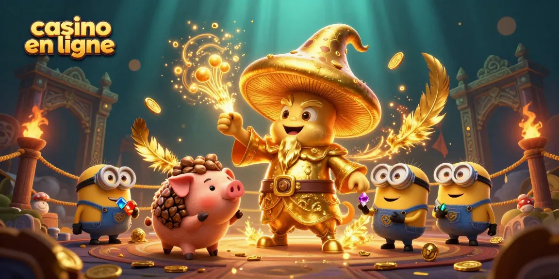 Illustration dynamique représentant le casino en ligne avec un magicien champignon doré et des trésors scintillants.