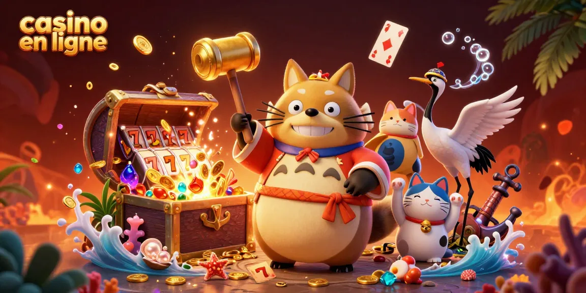 Plongez dans l'univers du casino en ligne avec ce tanuki chanceux, entouré de trésors colorés et de jeux dynamiques.