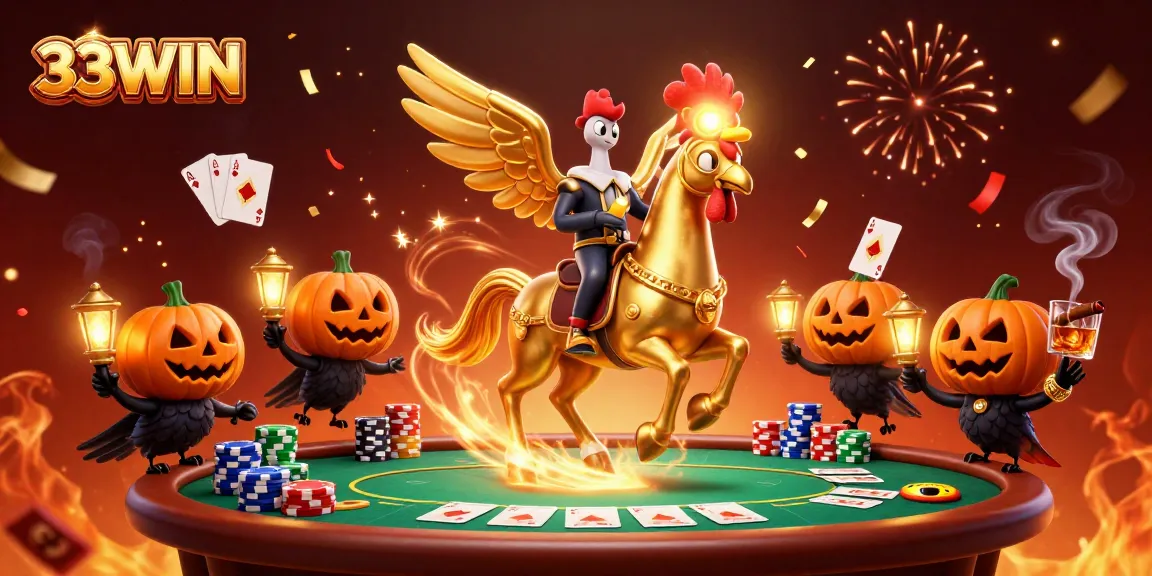 Experience thrilling gameplay at 33WIN as a golden rooster roams a vibrant casino scene filled with poker action.