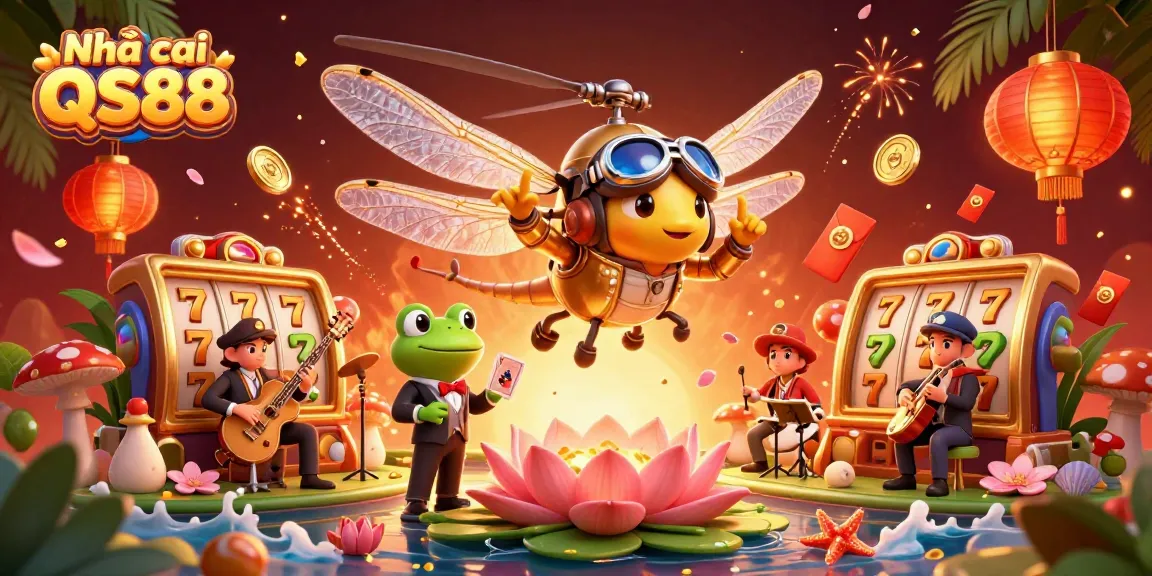 Experience the excitement at Nhà cái QS88 with a vibrant 3D casino scene filled with lucky symbols and engaging characters.