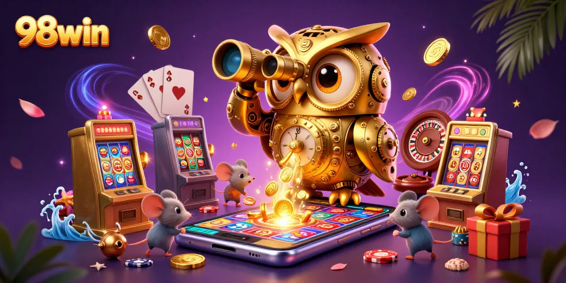 Experience thrilling gameplay at 98win with a golden owl and lively casino scene