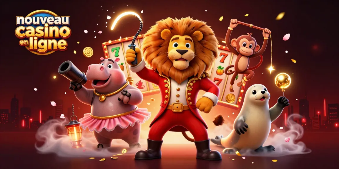 Illustration dynamique représentant un nouveau casino en ligne avec un lion, un hippopotame, un singe et une otarie dans une scène de jeu colorée.