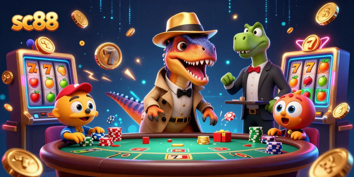 Experience sc88 at the blackjack table with characters in a whimsical, dynamic casino setting.