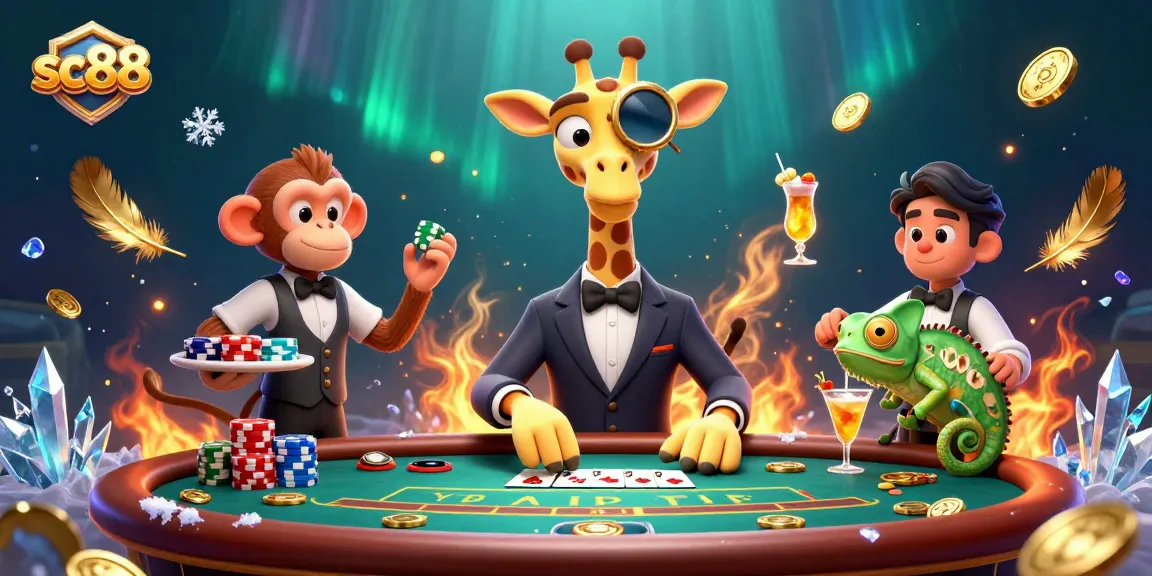 Engage in thrilling poker at sc88 with a high-roller giraffe and vibrant casino elements.