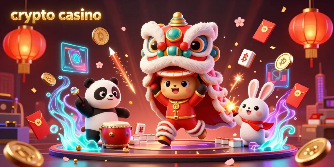 Un casino crypto vibrant avec un lion dansant, des pièces d'Ethereum, et des feux d'artifice illuminant l'atmosphère.