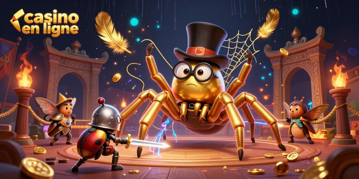 Illustration d'un casino en ligne avec une tarantule dorée et un petit chevalier, créant une expérience immersive.