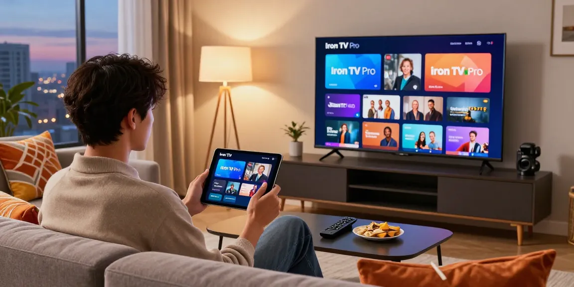 Profitez de l'expérience Iron TV Pro sur tablette dans un salon moderne.