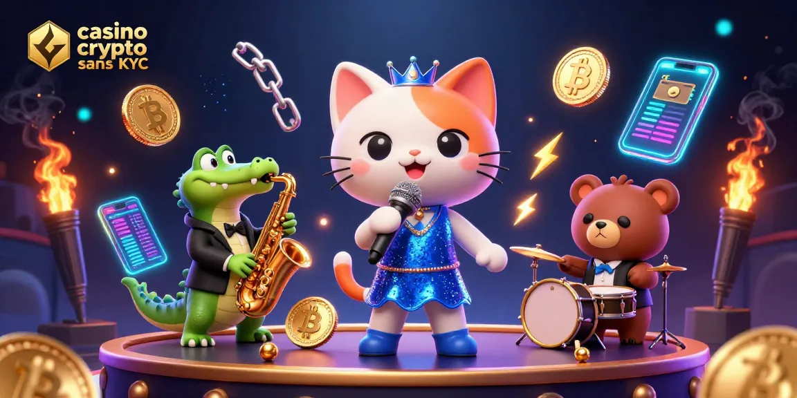 Jouer au casino crypto sans KYC avec un chat chanteur et des pièces de crypto-monnaies brillantes.