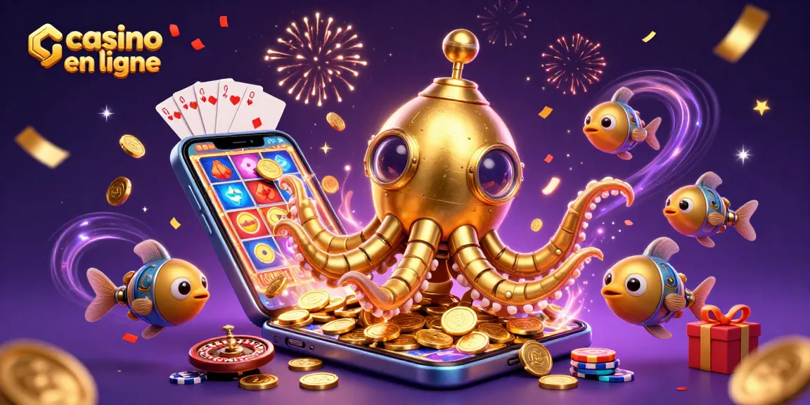 Jouez au casino en ligne dans une scène immersive avec un kraken et des jeux de cartes.