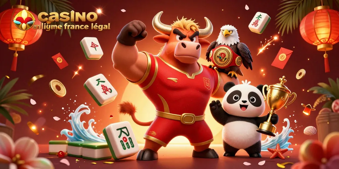 Visualisez un casino en ligne France légal, avec des personnages animés célébrant le jeu avec des éléments festifs.